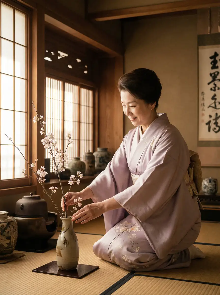 一位优雅的 91小视频 在和室中插花